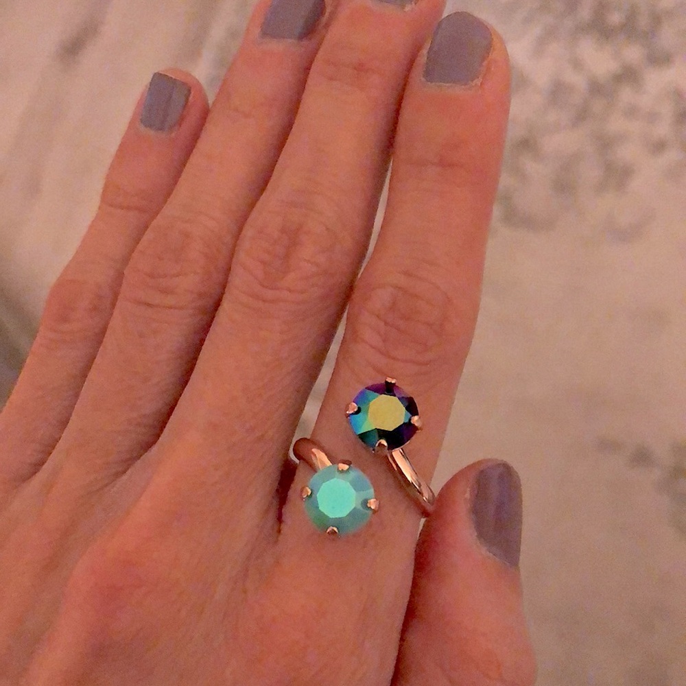 Iridescent Turquoise + Peacock Fuchsia Teal Rose Gold Crystal Ring - Picture 8 of 15